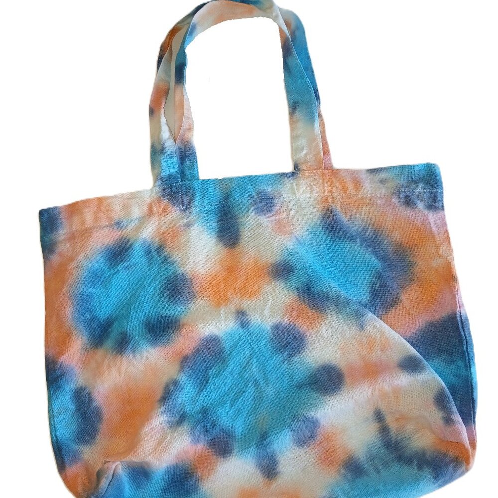 Tie Dye Cotton Reusable Grocery Tote Bag With Colorbursts in Orange Blue & Pink